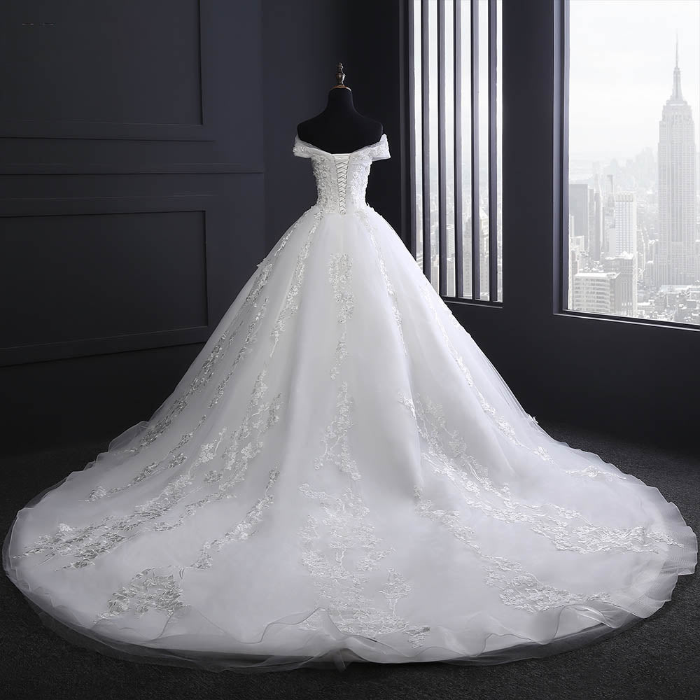 Luxury Off Shoulder Court Train Lace Wedding Dresses White Bridal Gown ...