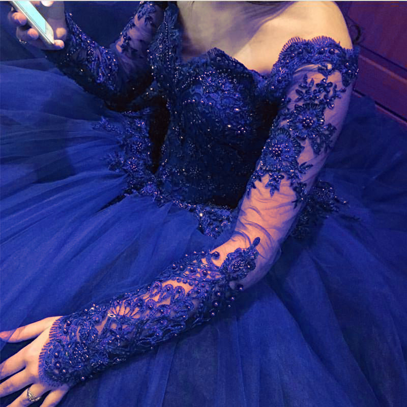 Royal blue quinceanera fashion dresses with sleeves