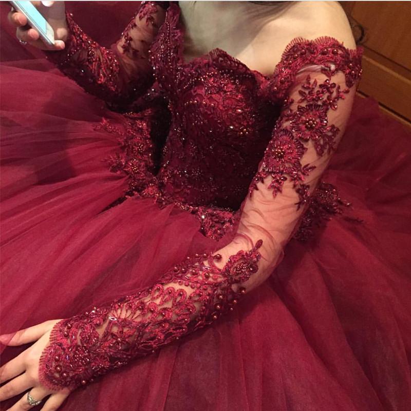 Burgundy Long Sleeves Quinceanera Dress Sweet 15 Dresses Ball Gown Wed Siaoryne