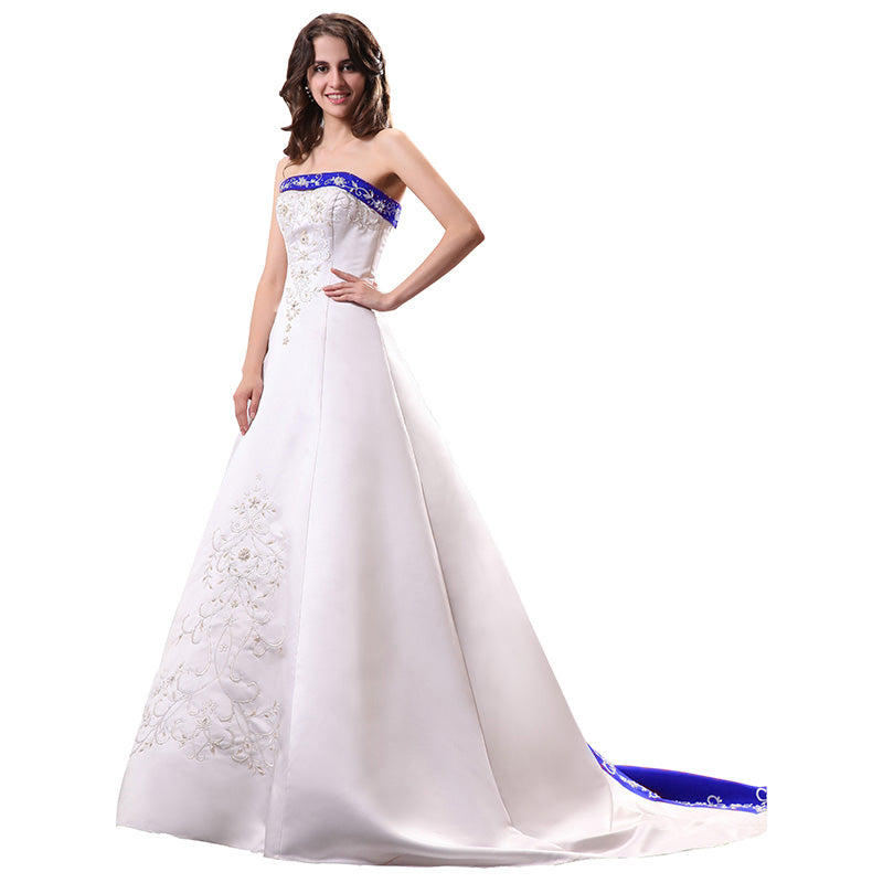 White with Blue Accents Wedding Dress