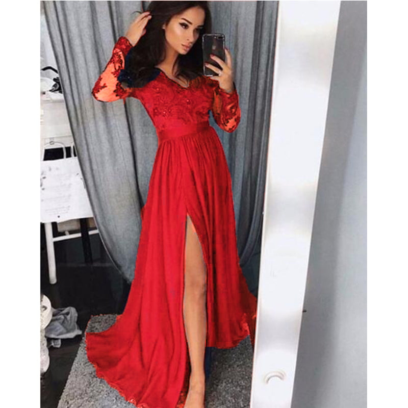 2022 Long Sleeves Lace Applique Lace Long Prom Dresses Women Evening P ...