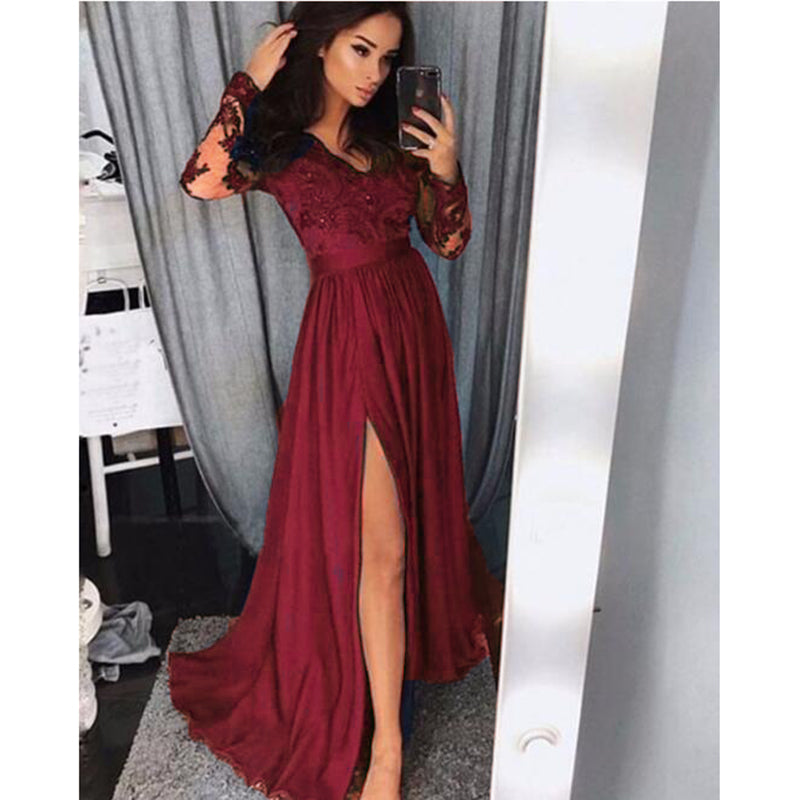 2022 Long Sleeves Lace Applique Lace Long Prom Dresses Women Evening P ...