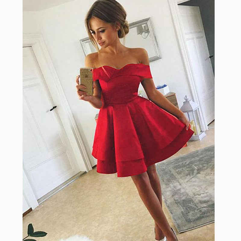 Lovely 2022 Dark Red Off the Shoulder Short Graduation Prom Dress 8th Siaoryne