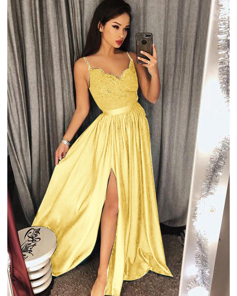 Yellow Long Party Dress with Lace Appliques Evening Prom Gown Vestido ...