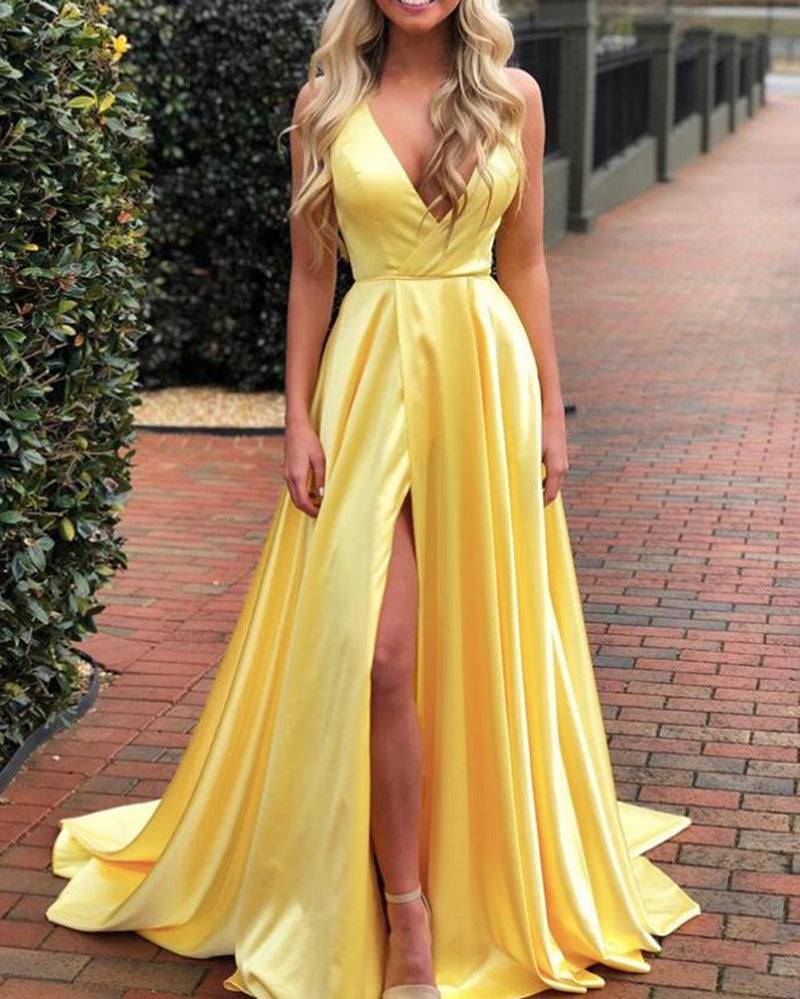 Bright Yellow Sexy Slit Long Girls Graduation Prom Dresses   PL6956