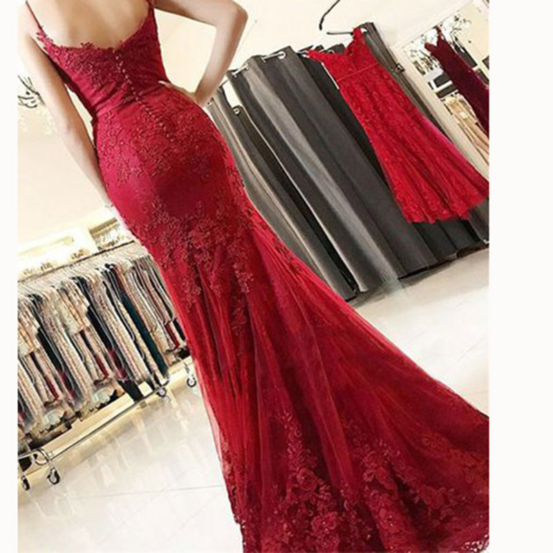 red fishtail prom dress