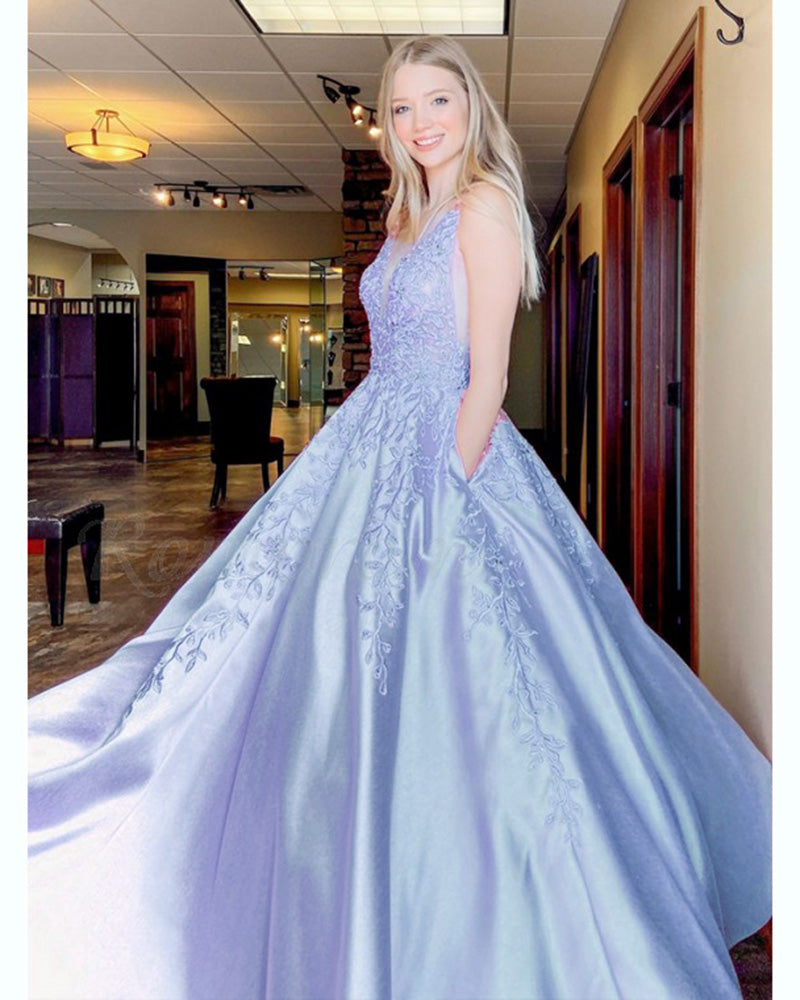 Fancy Light Blue Lace Prom Dresses V Neck Girls Graduation Dress Long ...
