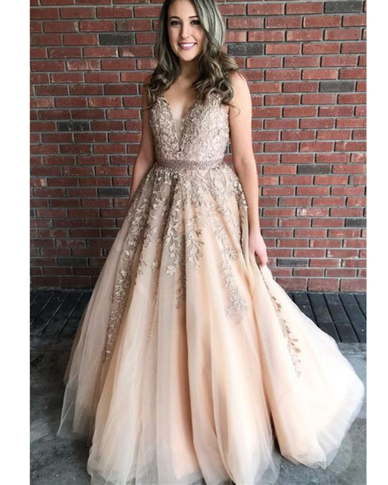 Dreamy Champagne Gold Lace V Neck Tulle Long Girls Senior Graduate Prom Dress 2020