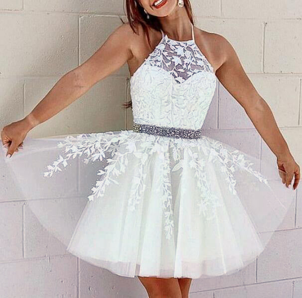 Short White Beaded Halter Dress