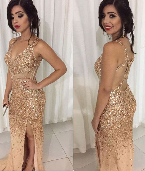 Gold Rhinestone Prom Dresses