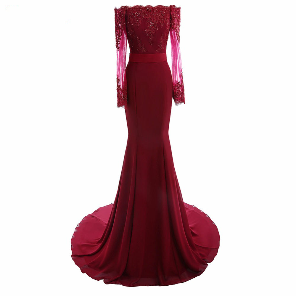 Burgundy Long Sleeves Bridesmaid Dress Lace Embellishment Women Formal ...