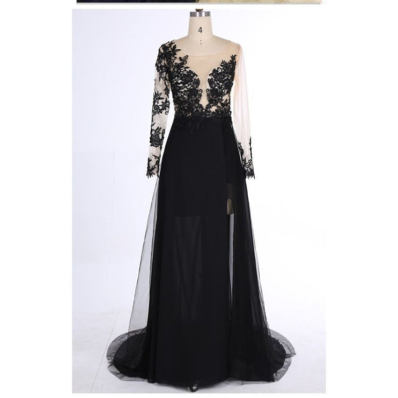 LP3380 Long Sleeves See through Black Lace Evening Dresses 2022 Sexy S ...