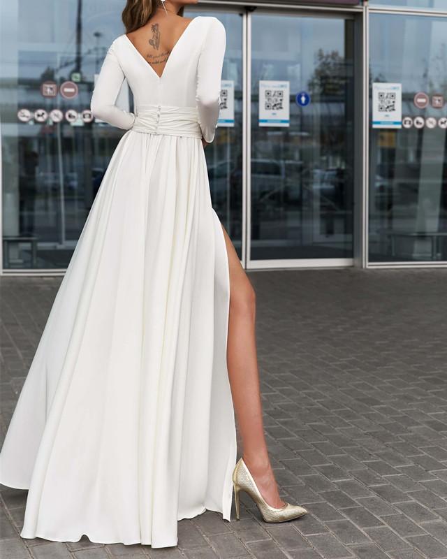 White V neck Long Sleeves Evening prom Long Dresses with Split – Siaoryne