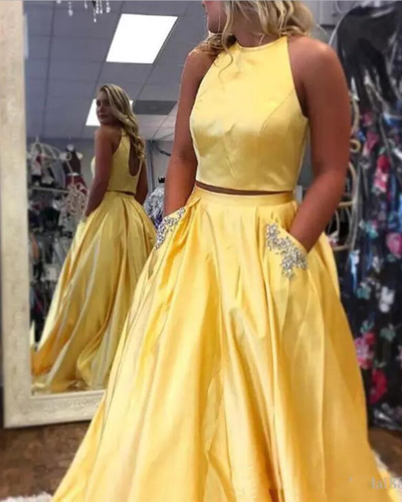 Sunshine Halter Two Pieces Yellow Prom Dress Girls Long Graduation Par –  Siaoryne