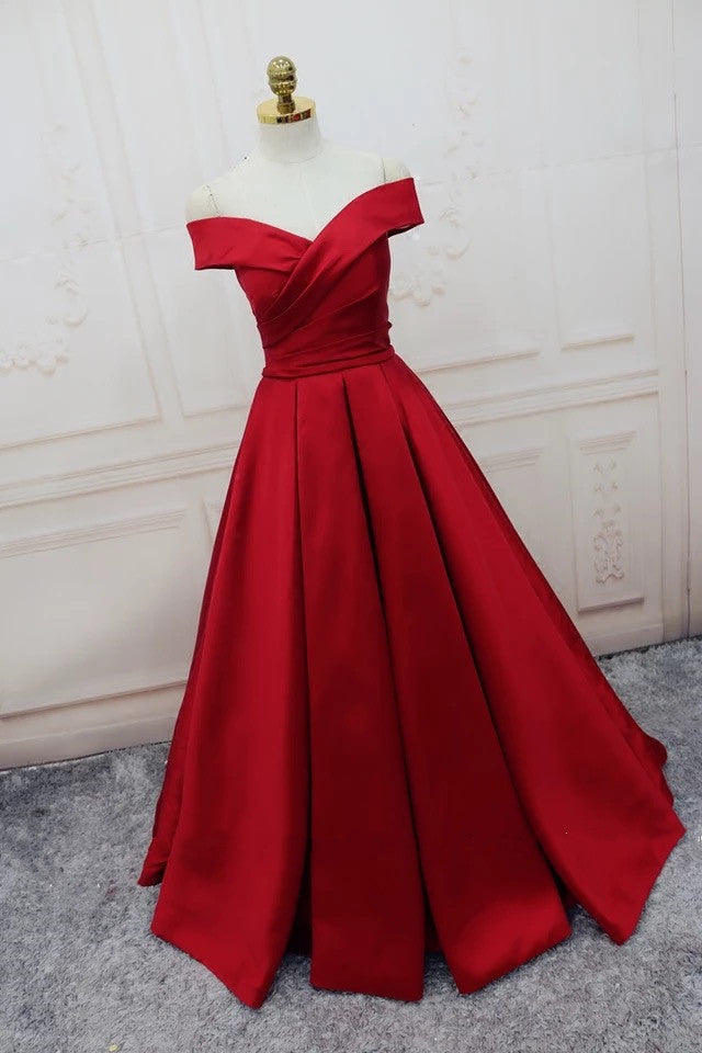 Off the Shoulder A Line Satin Red Blue Girls Senior 2021 Prom