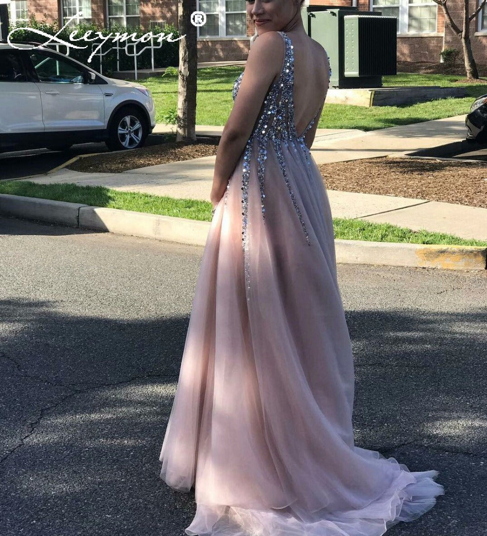 Siaoryne V Neck Champagne Crystal Beaded Prom Dresses 2018 Spring Even