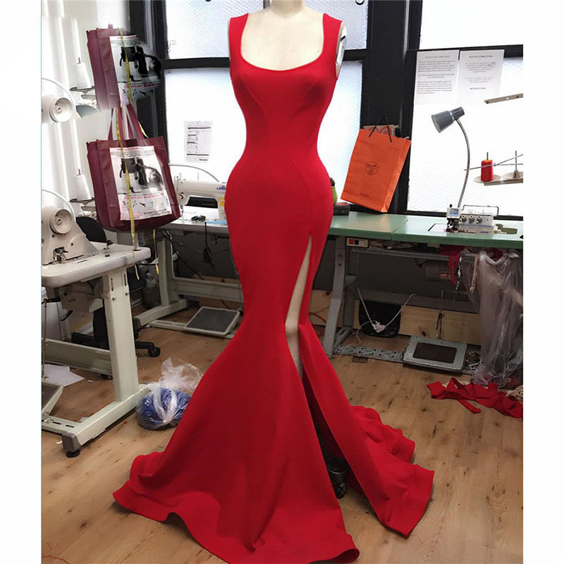 Red Scoop Neck Sexy Mermaid Prom Dress Split Leg , Women Evening Long ...