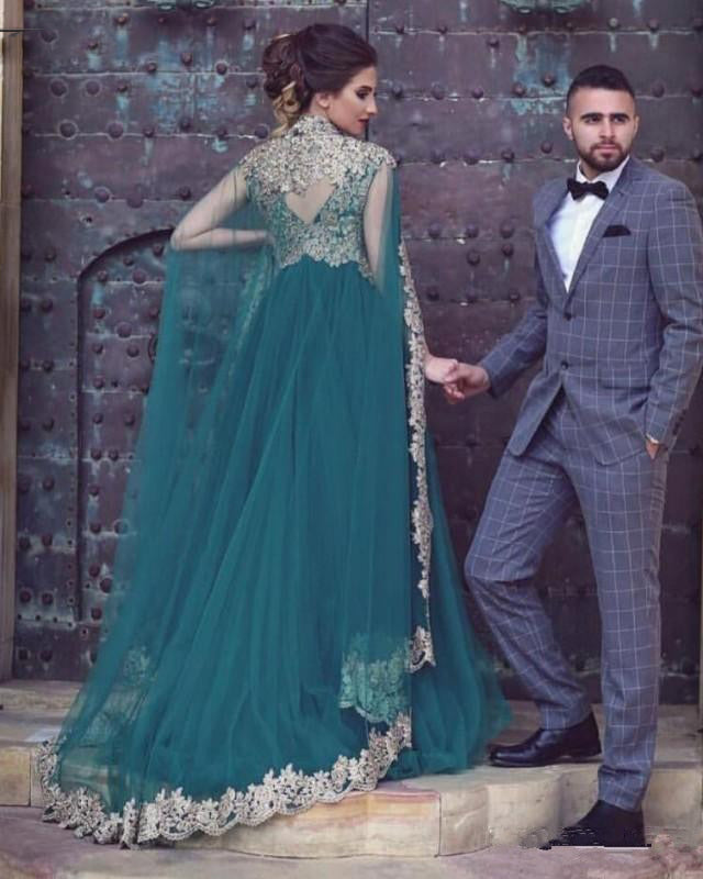 Green Tulle Moroccan Kaftan Evening Dresses with Cape Dubai Arabic Mus Siaoryne