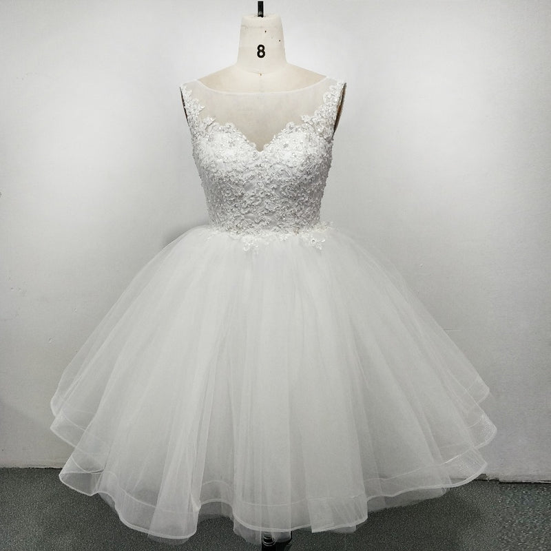 Lovely Scoop Neck Puffy Short Wedding Dress with Lace Beading Summer B ...
