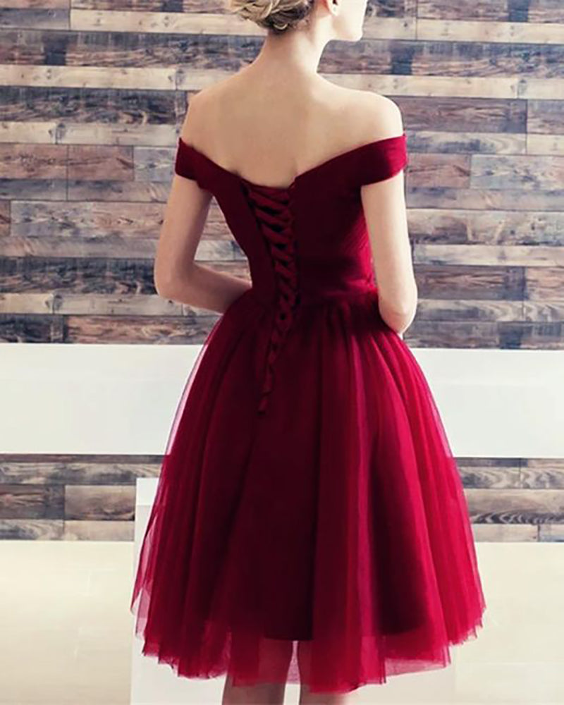 Dark Red Tulle Short Prom Dress Junior Girls 8th Graduate Semi