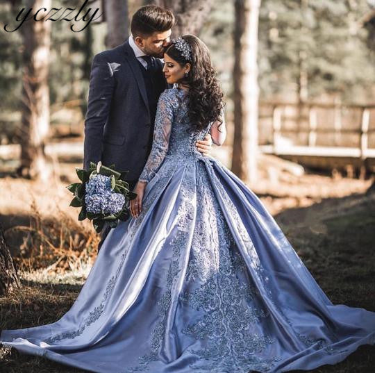 Dust Blue Wedding Dress Lace Long Sleeved Ball Gown Women Formal Eveni –  Siaoryne