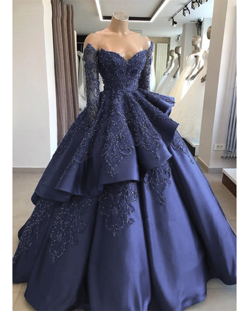 Stylish Long Sleeves Lace Beaded Ball Gown Women Formal Dress,Wedding ...