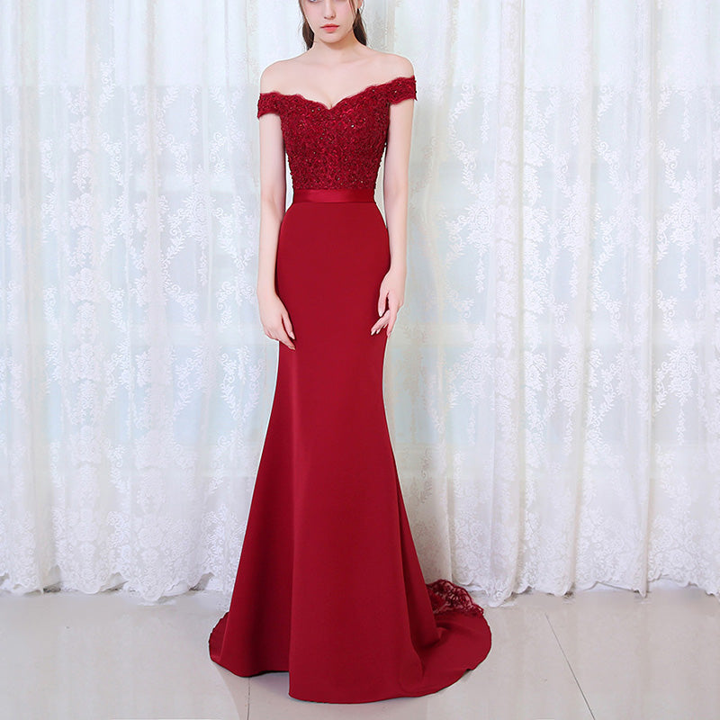 Fabulous Red Wine Long Evening Dresses Lace Mermaid Formal Gown Vestid ...