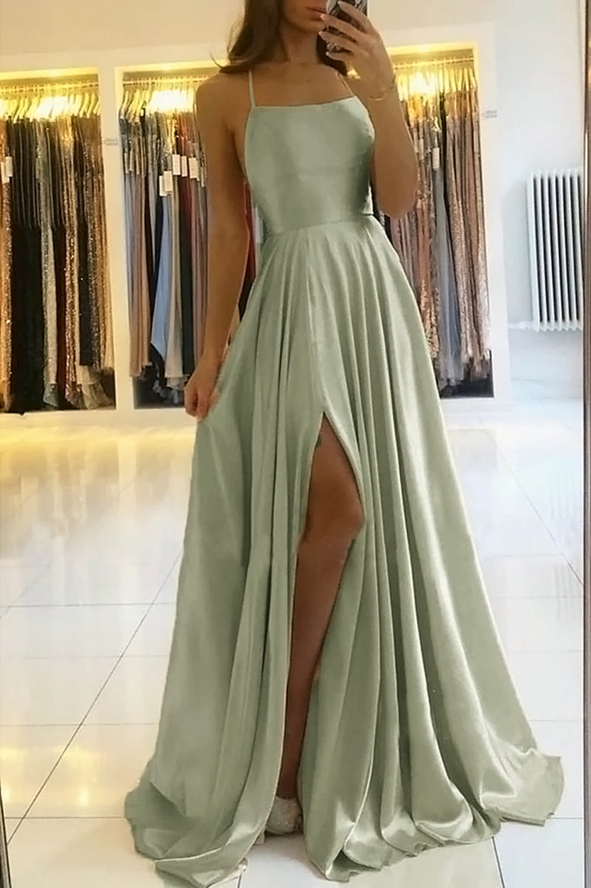 Stunning Satin A Line Slit Sage Green Prom Dresses Hater Cross Back Fo ...