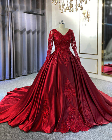 Vintage Ball Gown Long Sleeves Satin Wine Red Wedding Dress with Lace –  Siaoryne