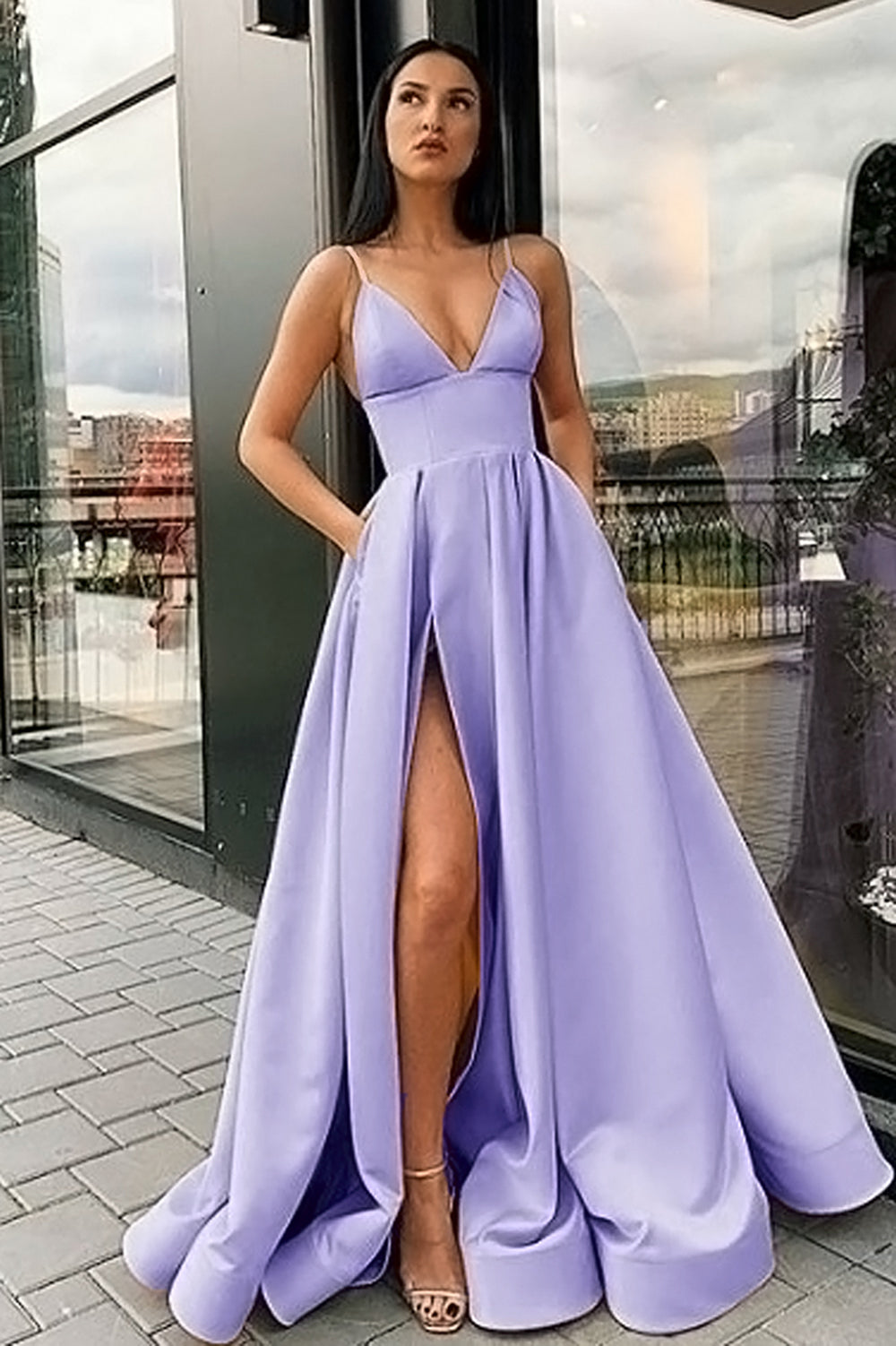 Lavender Floral Appliques Lace Bodice Embellished High Thigh Slit Satin Gown  | Curvy Fashion Chicks