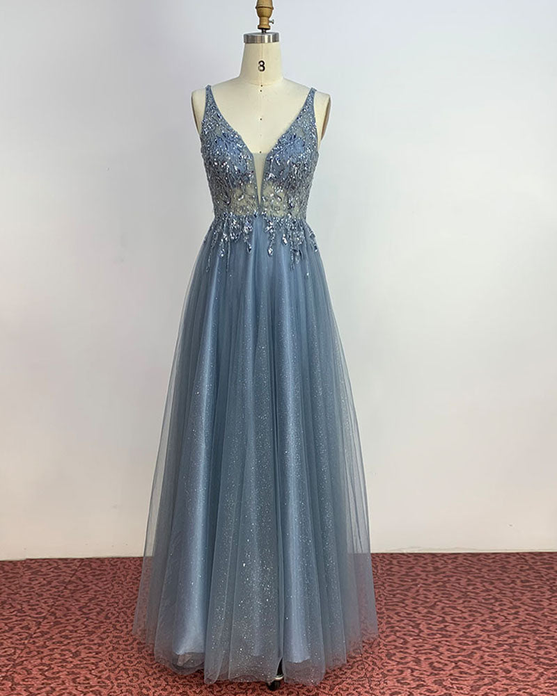 Amazing Glitter Blue V Neck Floor Length Long Prom Dress with Crystal ...