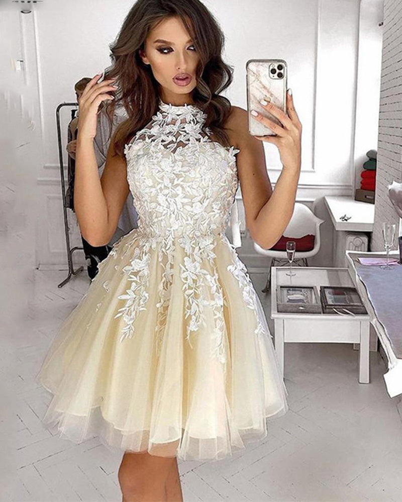 Halter Short Prom Dress for Teens ,Beige/Ivory Lace Girl Homecoming Dr ...