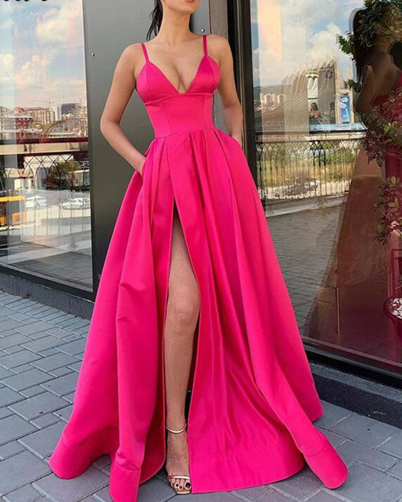 Elegant sation A Line slit Long Evening Dress Fuchsia Pink Formal Party Gown PL0625