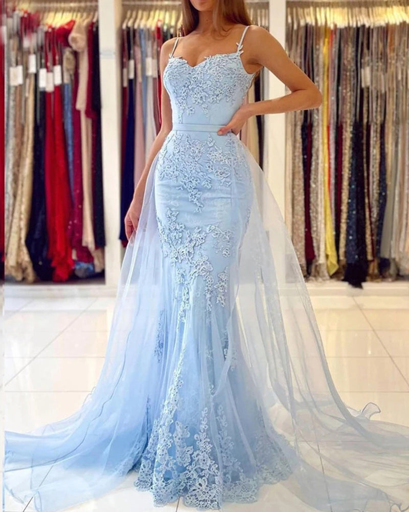 Light Sky Blue Mermaid Long Lace 2022 Prom Party Dress for Girls PL222 ...