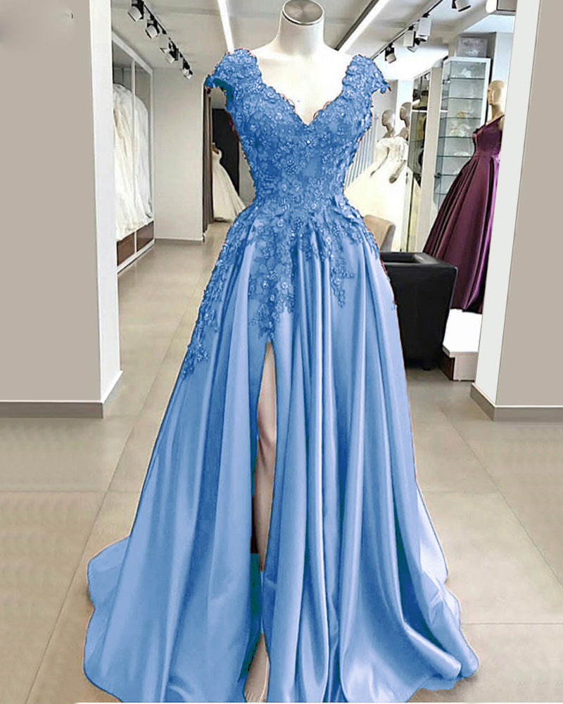 Siaoryne Elegant Cap Sleeves lace Prom Dress 2020 Long with Slit Eveni
