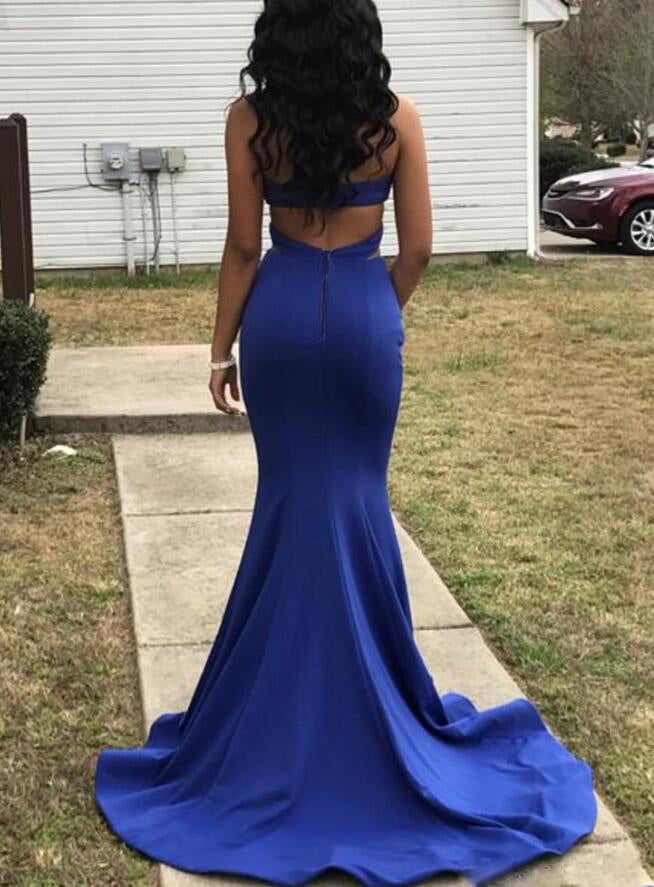 Enchanting Royal Blue Halter Evening Dresses Mermaid Satin Prom Gown V ...