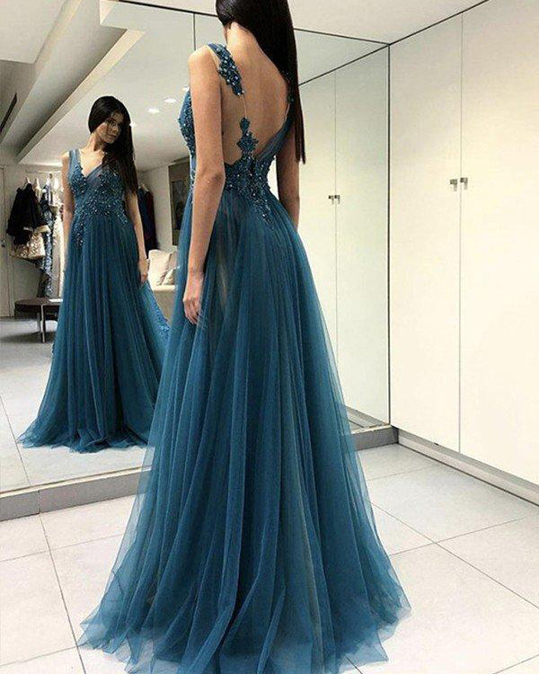 Teal Blue Tulle Lace Slit Formal Evening Gowns for Women Long Formal D –  Siaoryne