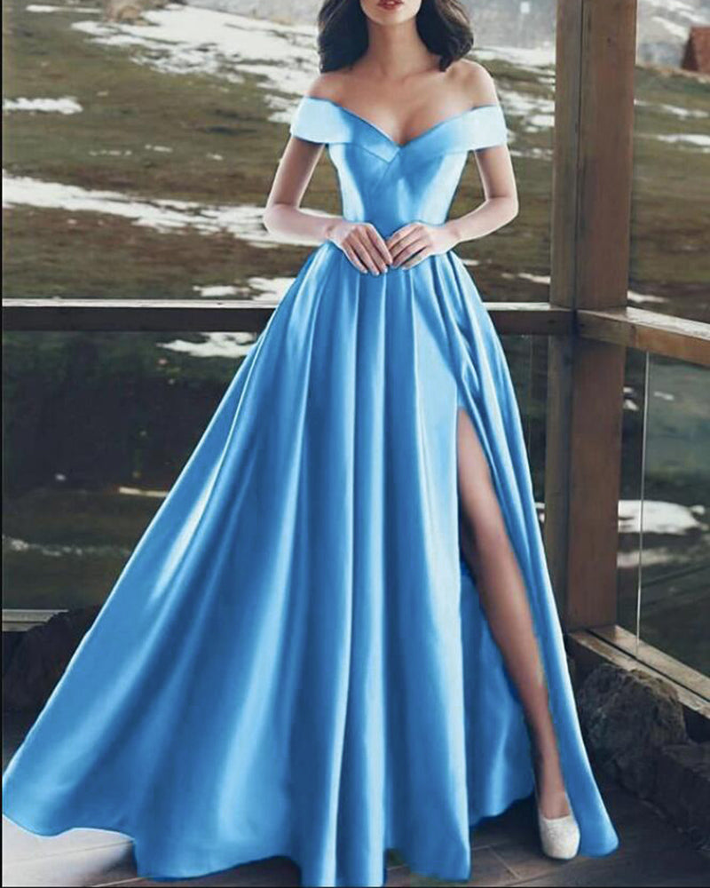 Elegant Blue Off the Shoulder Long Wedding Party Dress Satin Formal Pr ...