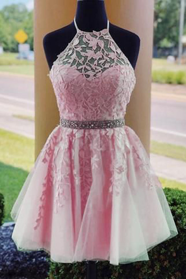 Ivory /Nude Lace Halter Short Prom Dress ,Cocktail Homecoming Gown for ...