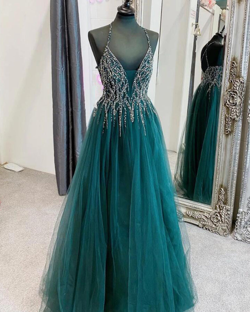 Green Halter Tulle and Beading Crystal Girls Party Prom Dress Long For ...