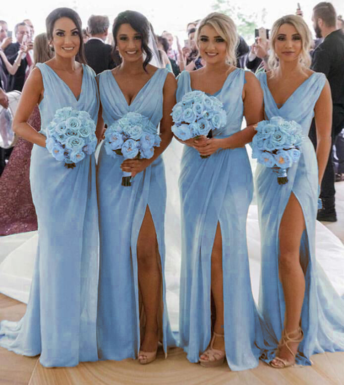 Baby blue bridesmaid dresses long deals