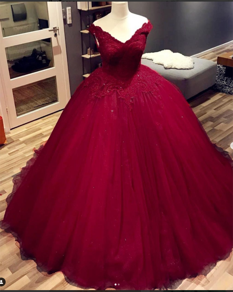 Maroon Burgundy Ball Gown Mexican Quinceanera Dress off the Shoulder L ...