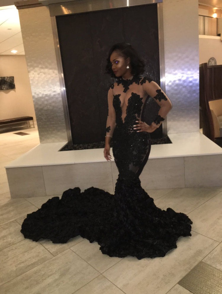 Stunning Black African Prom Dresses Mermaid Illusion Flowers Long Slee Siaoryne