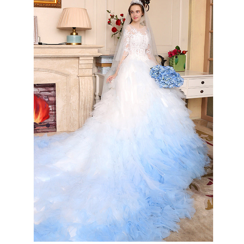 Luxury Ombre Wedding Dress White Blue Short Sleeves Lace Bridal