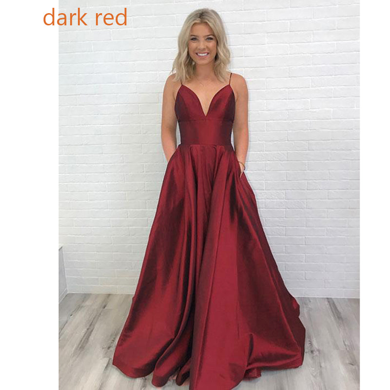 Dark Red Spaghetti Prom Dress Long Girls Graduation Gown A Line Formal ...