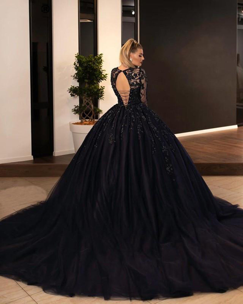 Gorgeous Ball Gown Black Wedding Dresses Long Sleevesd Sequin Lace App ...