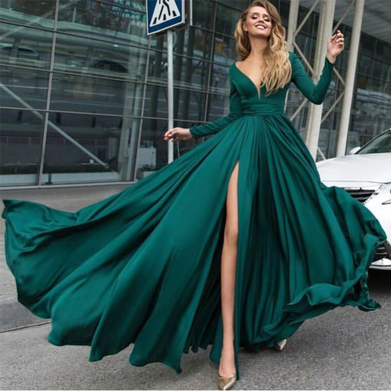 Olive Green Prom dress Long Sexy Deep V Neck evening Party Dress slit ...