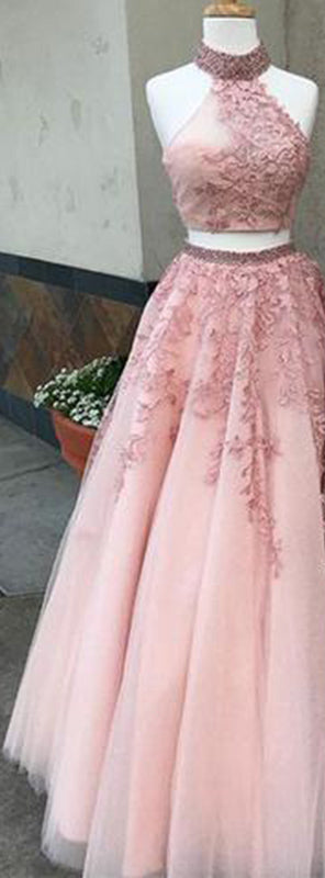 A Line Sweetheart Neck Two Pieces Pink Tulle Long Prom Dresses, 2 Piec –  morievent