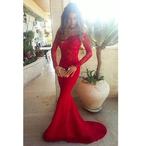 Long Sleeve Mermaid Prom Dresses Long Red Lace Gorgeous Formal Gowns SED016  – SELINADRESS