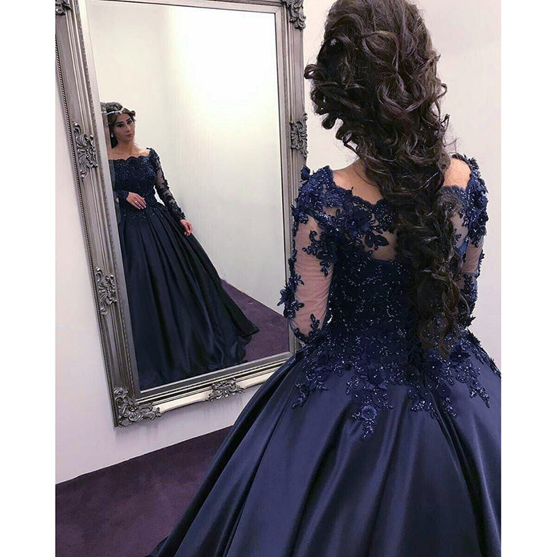 Princess Embellished Long Sleeves Navy Blue Prom Dresses Ball Gown Wed –  Siaoryne